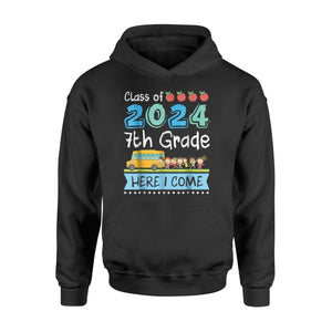 Cute Bus Boy Girl Class Of 2024 7th Grade Here I Come Hoodie